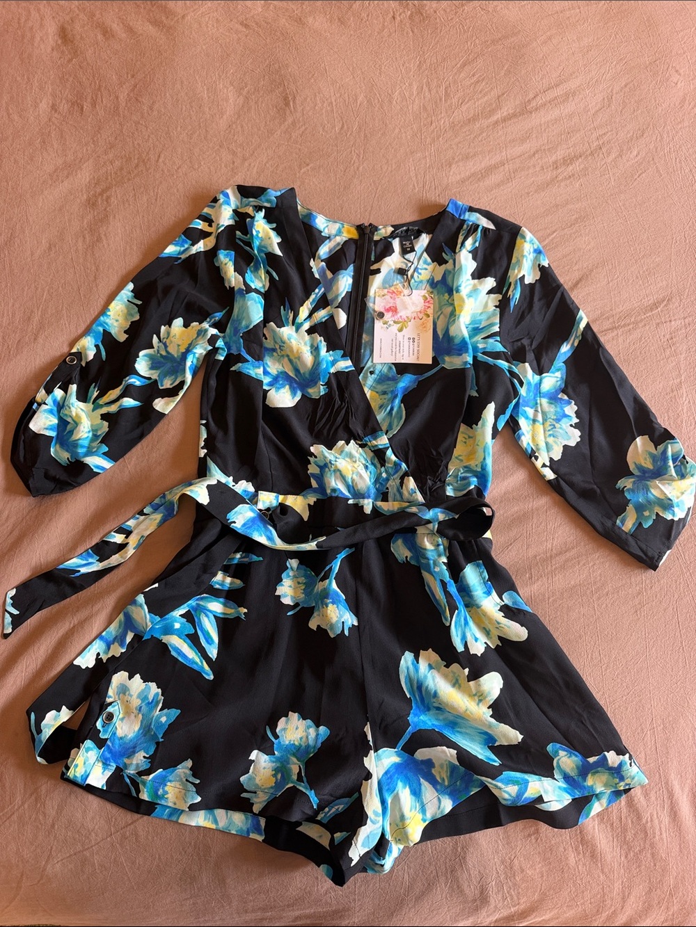 Yumi Kim Black Floral Wrap Romper with Blue & Yellow Blooms